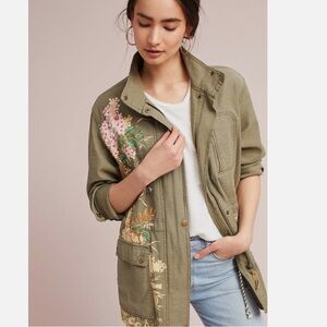 NWOTretail$129size S Anthropologie Army Green utility jacket with floral design.
